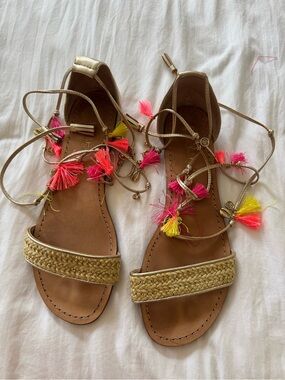 Gold Braided Strap Sandals with Pink & Yellow Tassels